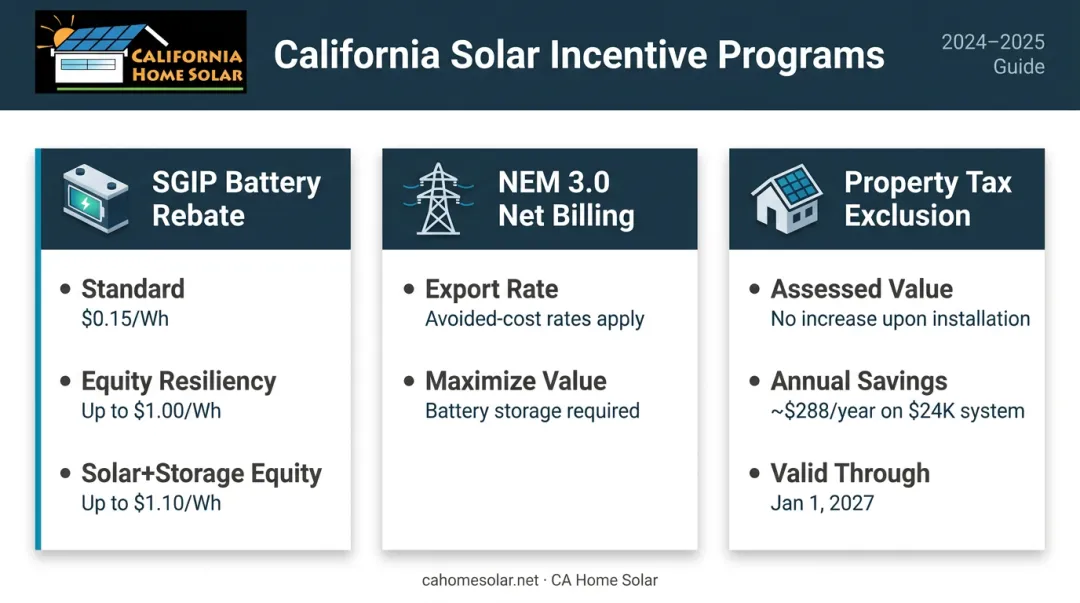 California solar incentives comparison including SGIP NEM 3.0 and property tax exclusion