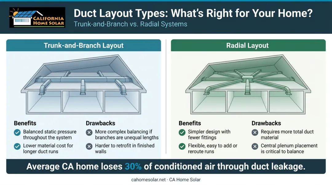HVAC duct design comparison trunk-and-branch versus radial layout systems