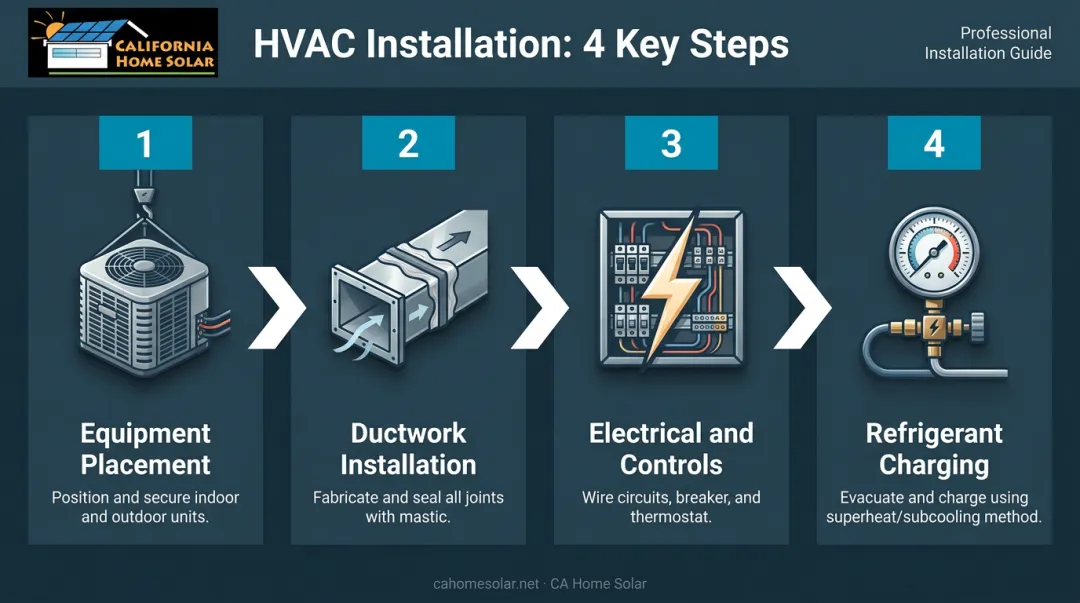 4-step HVAC installation sequence from equipment placement to refrigerant charging
