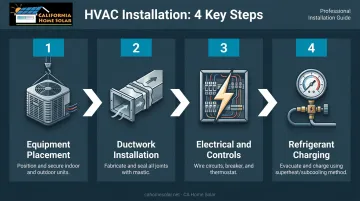 4-step HVAC installation sequence from equipment placement to refrigerant charging
