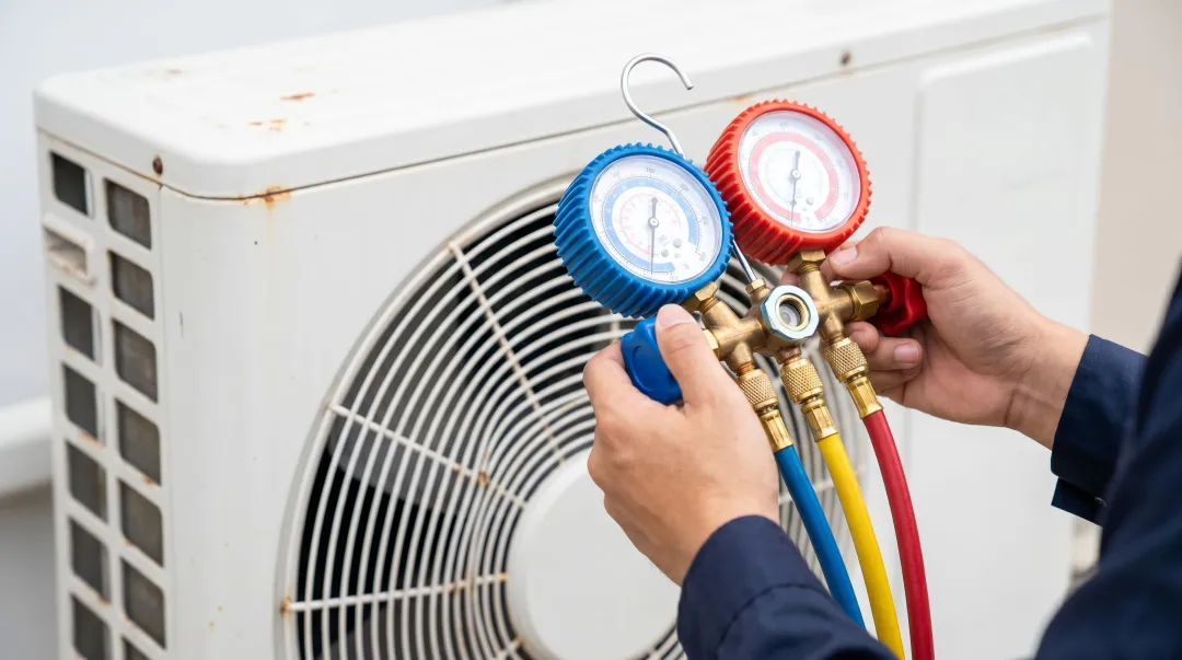 HVAC technician using refrigerant gauges to charge and test air conditioning system