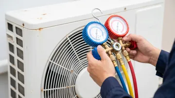 HVAC technician using refrigerant gauges to charge and test air conditioning system
