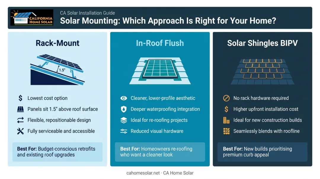 Three solar panel mounting system types rack in-roof and solar shingle comparison