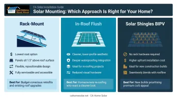 Three solar panel mounting system types rack in-roof and solar shingle comparison