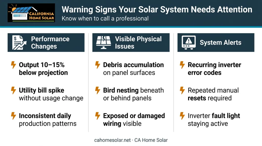 Three commercial solar system warning signs performance physical and alert indicators