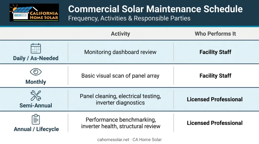 Commercial solar maintenance schedule frequency table from daily monitoring to annual review