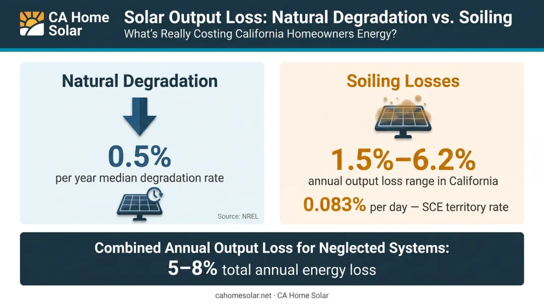 Solar panel output loss comparison natural degradation versus soiling losses annually