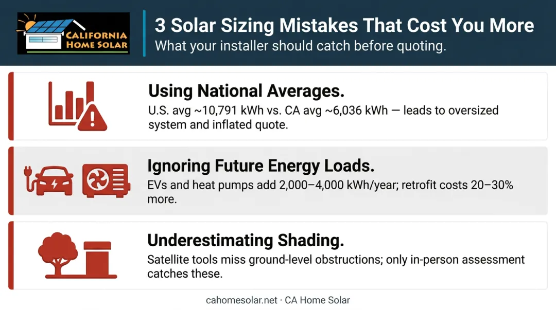 Three common solar sizing mistakes wrong baseline missed shading unplanned loads warning infographic