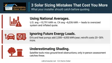 Three common solar sizing mistakes wrong baseline missed shading unplanned loads warning infographic