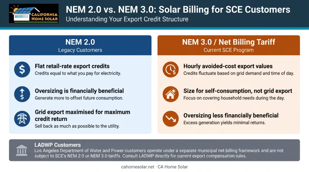 California NEM 2.0 versus NEM 3.0 solar net metering comparison side-by-side infographic
