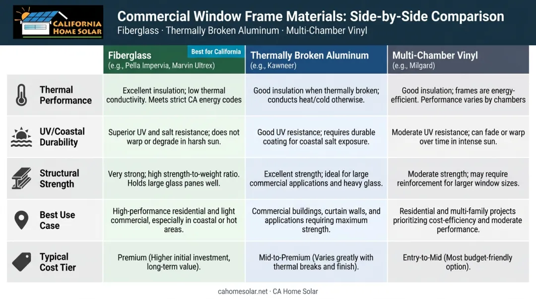 Commercial window frame material comparison fiberglass aluminum vinyl thermal performance and durability