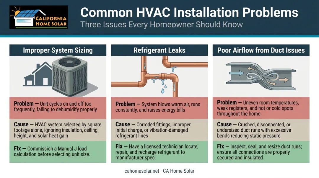 Three common HVAC installation problems causes and technician fixes comparison infographic