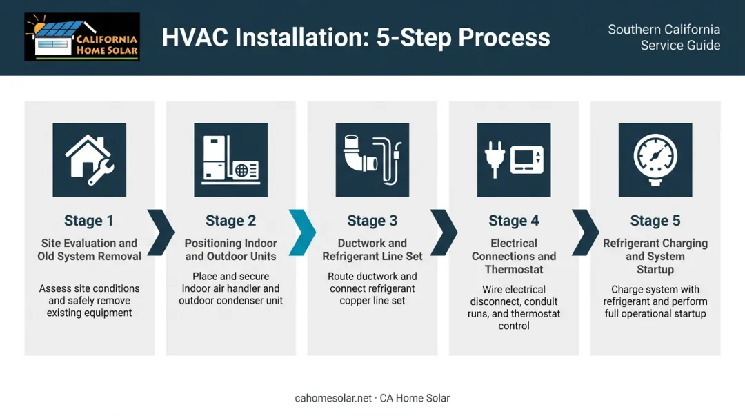 5-step HVAC installation process flow from site evaluation to refrigerant charging