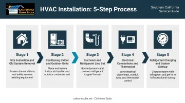 5-step HVAC installation process flow from site evaluation to refrigerant charging