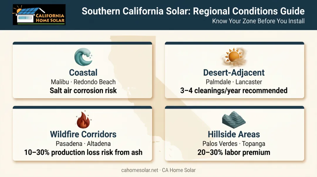 Southern California solar maintenance cost drivers by geographic zone infographic
