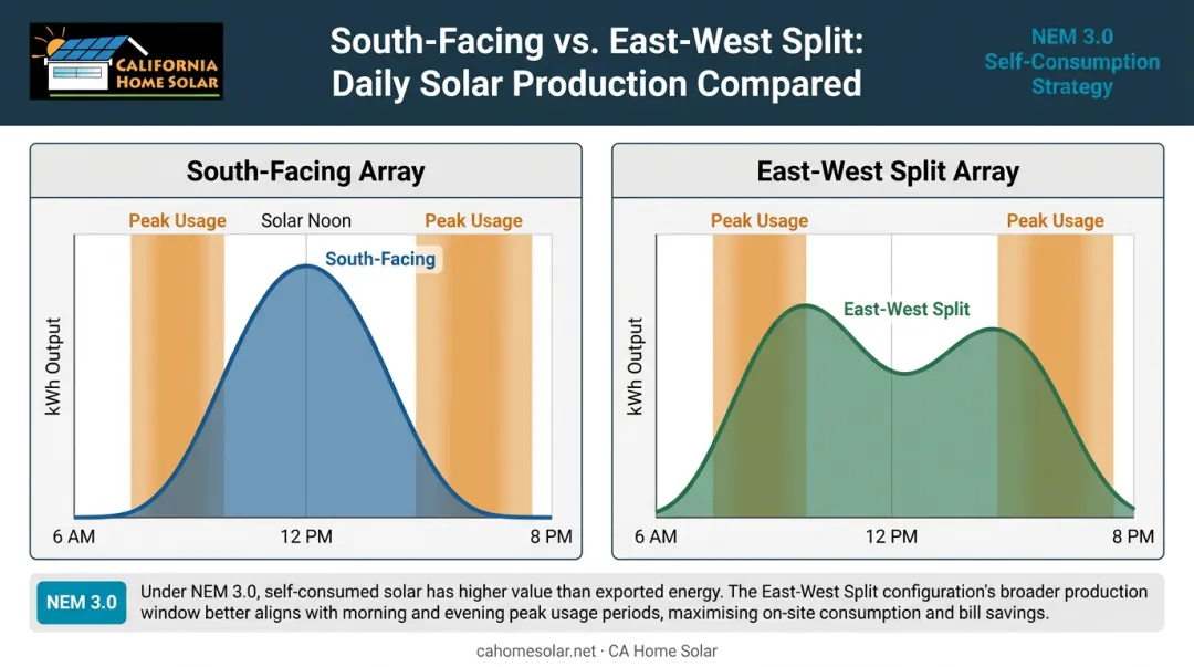 East-west solar panel split configuration daily production curve versus south-facing array