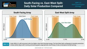 East-west solar panel split configuration daily production curve versus south-facing array