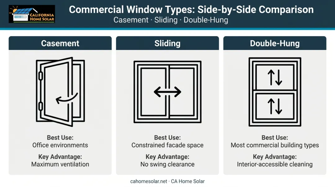 Three commercial operable window types comparison chart use cases and advantages
