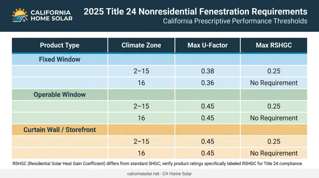 California Title 24 2025 prescriptive U-factor and RSHGC values by climate zone