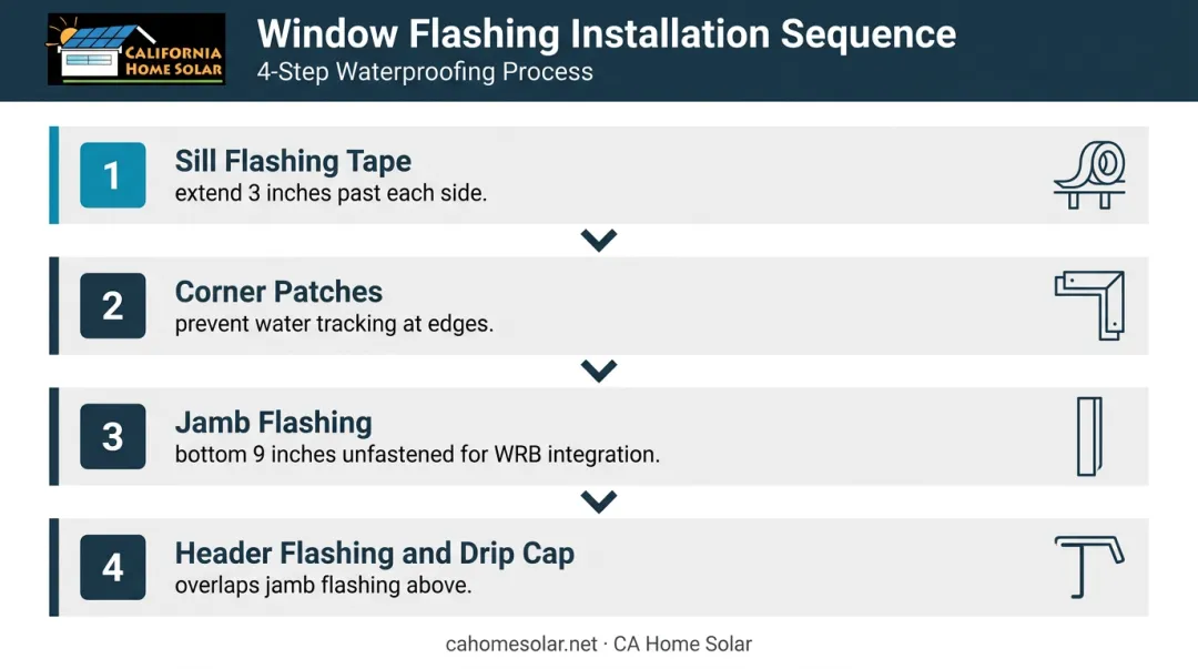 4-step commercial window flashing installation sequence for moisture protection