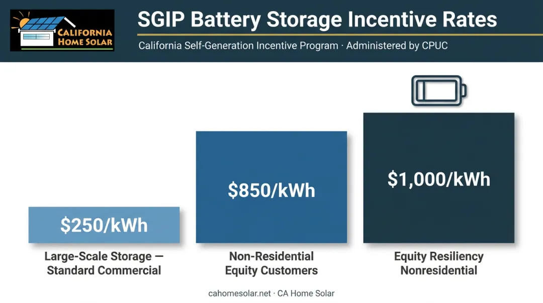 California SGIP battery storage incentive rate tiers for commercial solar installations