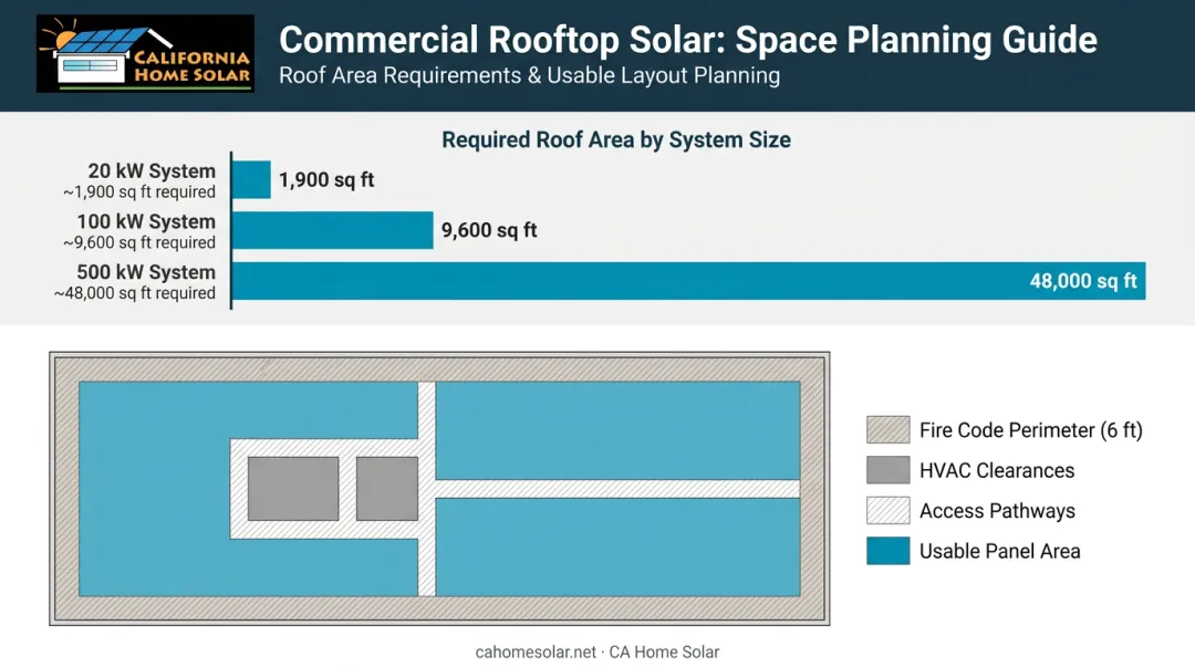 Commercial solar roof space requirements by system size with fire code setback diagram
