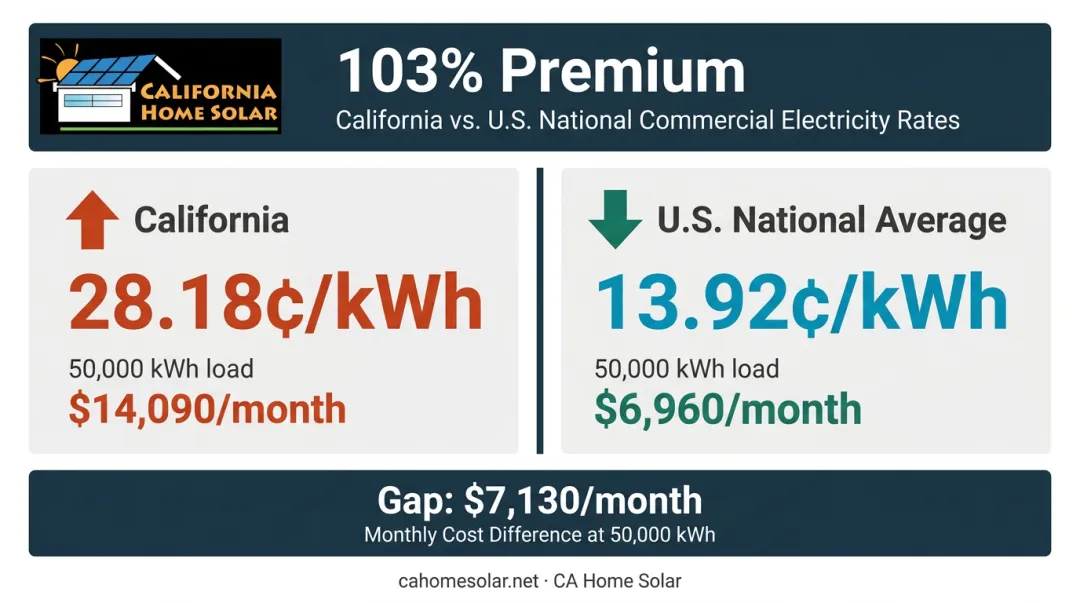 California versus national commercial electricity rate cost comparison infographic 2026