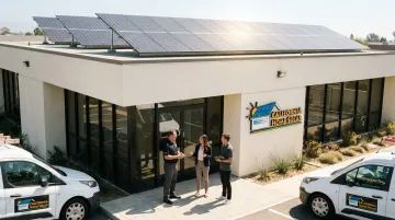 Commercial building with rooftop solar panels displaying green sustainability branding exterior
