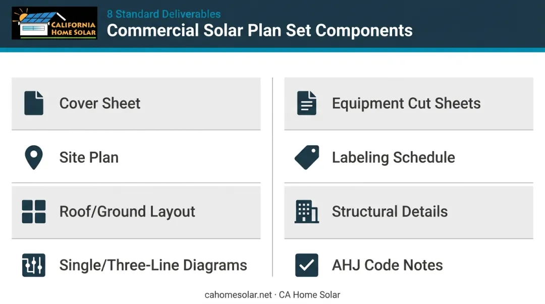 Commercial solar plan set eight components checklist infographic with icons