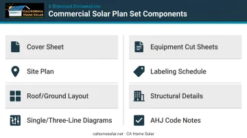 Commercial solar plan set eight components checklist infographic with icons
