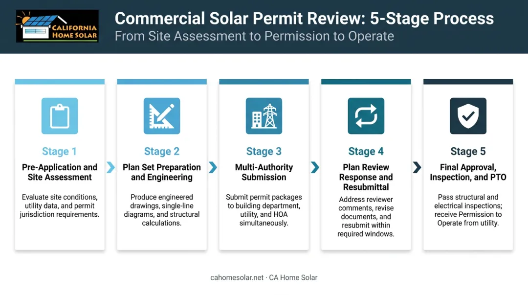 5-step commercial solar permit review process flow from pre-application to PTO
