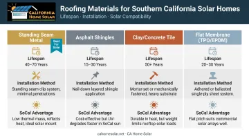 Four roofing materials solar compatibility comparison chart lifespan installation and SoCal performance