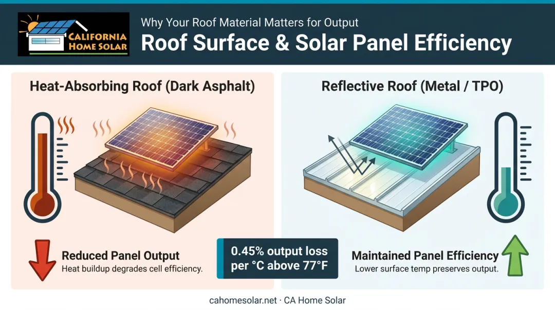 Solar panel heat loss efficiency comparison reflective versus heat-absorbing roofing materials