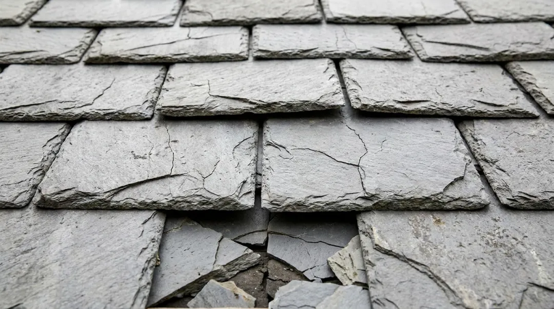 Natural slate roof tiles with visible brittleness and cracking challenges for solar mounting