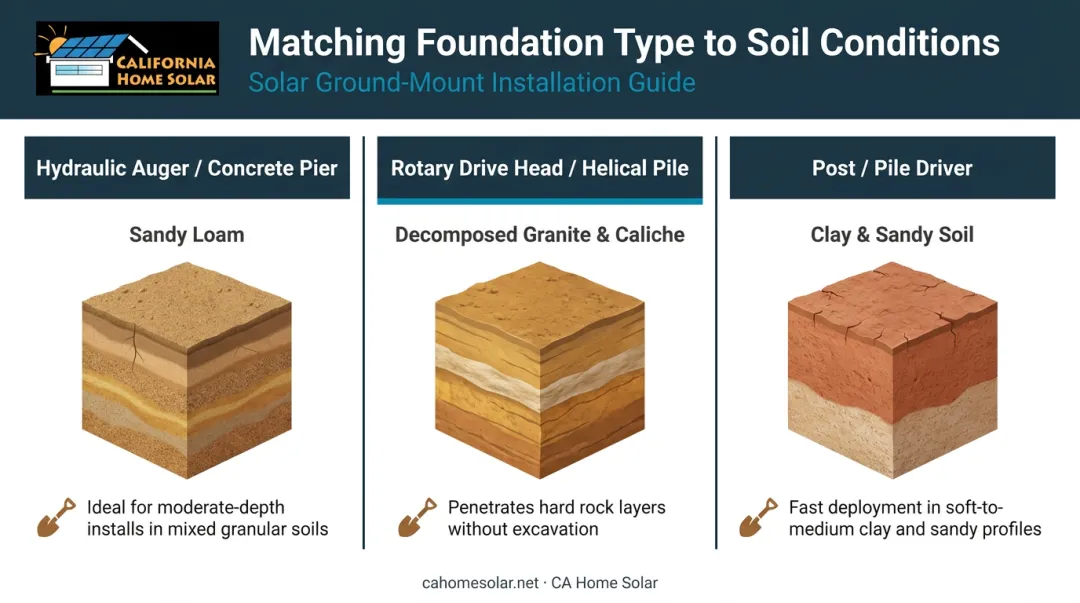 Three ground-mount solar foundation types matched to Southern California soil conditions comparison