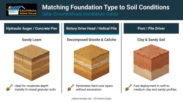 Three ground-mount solar foundation types matched to Southern California soil conditions comparison