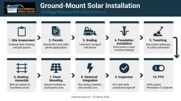 10-step ground-mount solar installation sequence from assessment to PTO approval