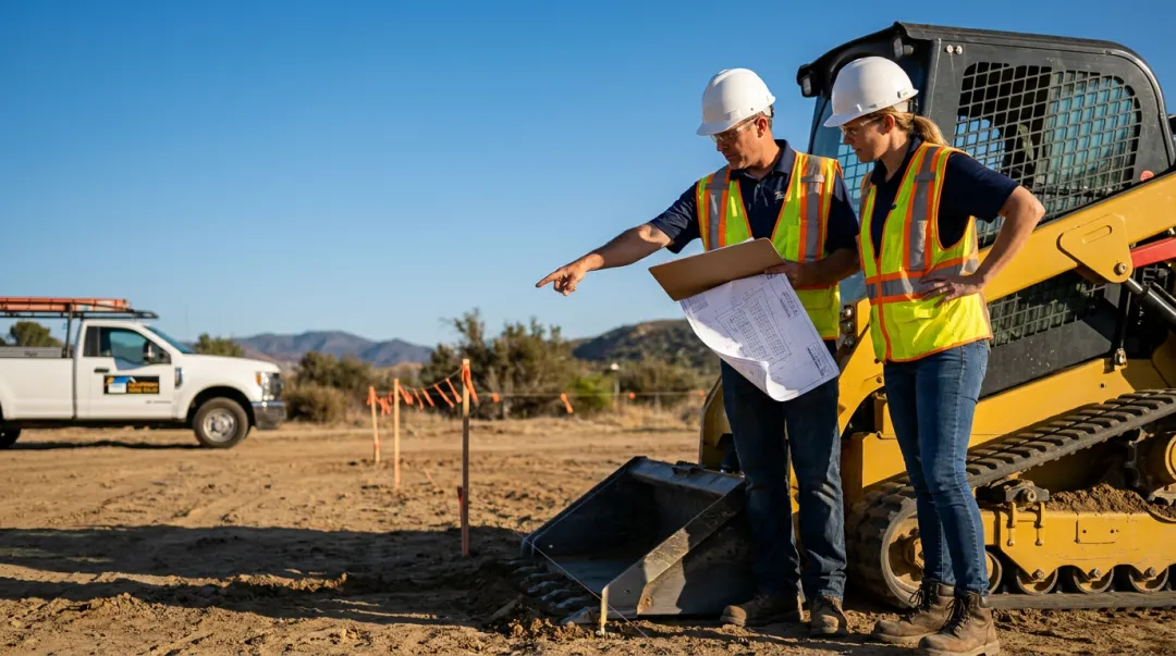 Solar installation crew reviewing engineered site plan beside Bobcat equipment on residential property