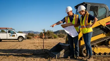 Solar installation crew reviewing engineered site plan beside Bobcat equipment on residential property