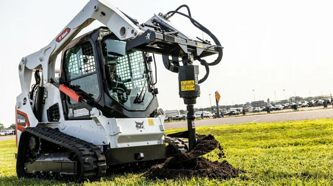 Bobcat compact track loader with hydraulic auger attachment drilling foundation hole on solar site