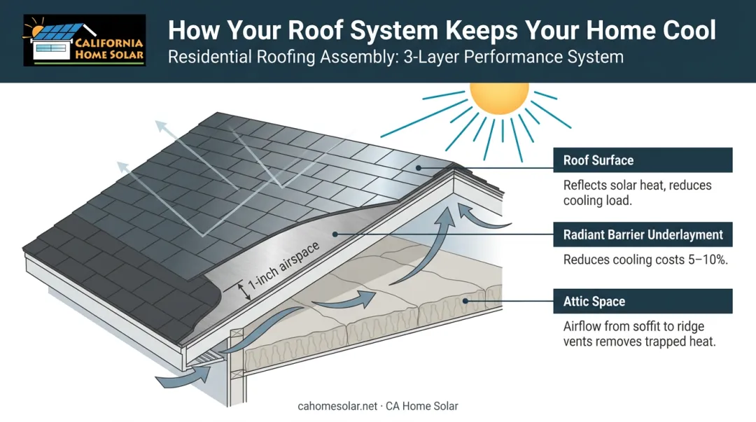 Three-layer roofing system components attic insulation ventilation and radiant barrier underlayment