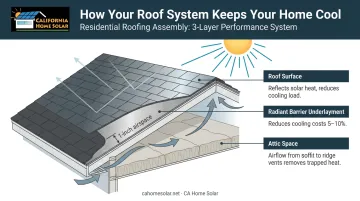 Three-layer roofing system components attic insulation ventilation and radiant barrier underlayment