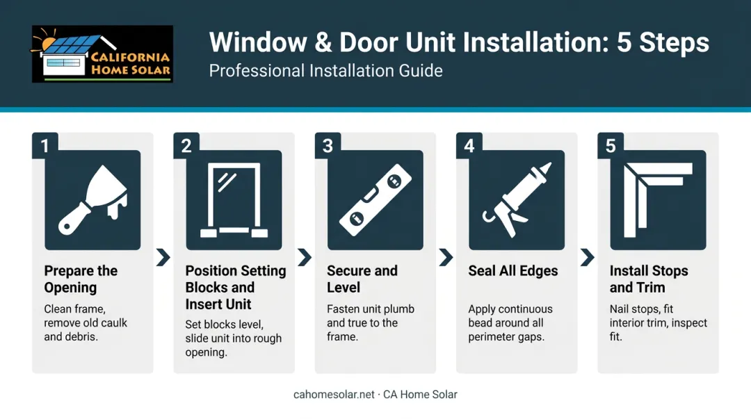 5-step Low-E window installation process flow from preparation to finishing