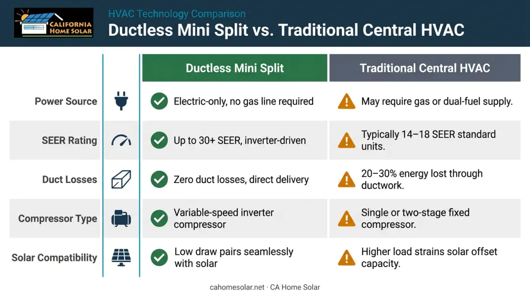 Ductless mini split versus traditional central HVAC solar compatibility comparison chart