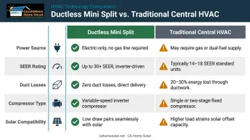 Ductless mini split versus traditional central HVAC solar compatibility comparison chart