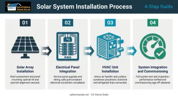 Four-step solar HVAC installation process flow from array setup to commissioning
