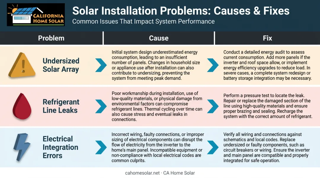 Three common solar HVAC installation problems causes and professional fixes infographic