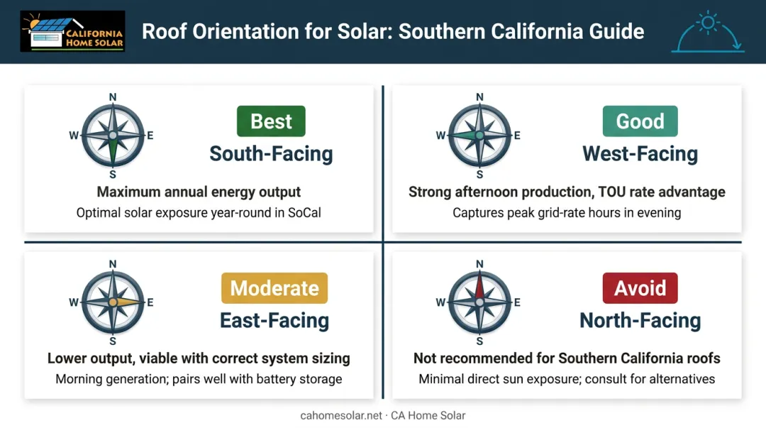 Four roof orientation directions solar output comparison infographic Southern California