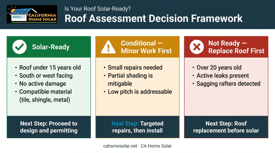 Three roof solar readiness assessment outcomes decision framework infographic