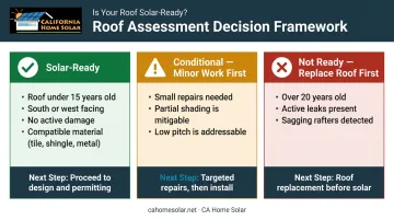Three roof solar readiness assessment outcomes decision framework infographic